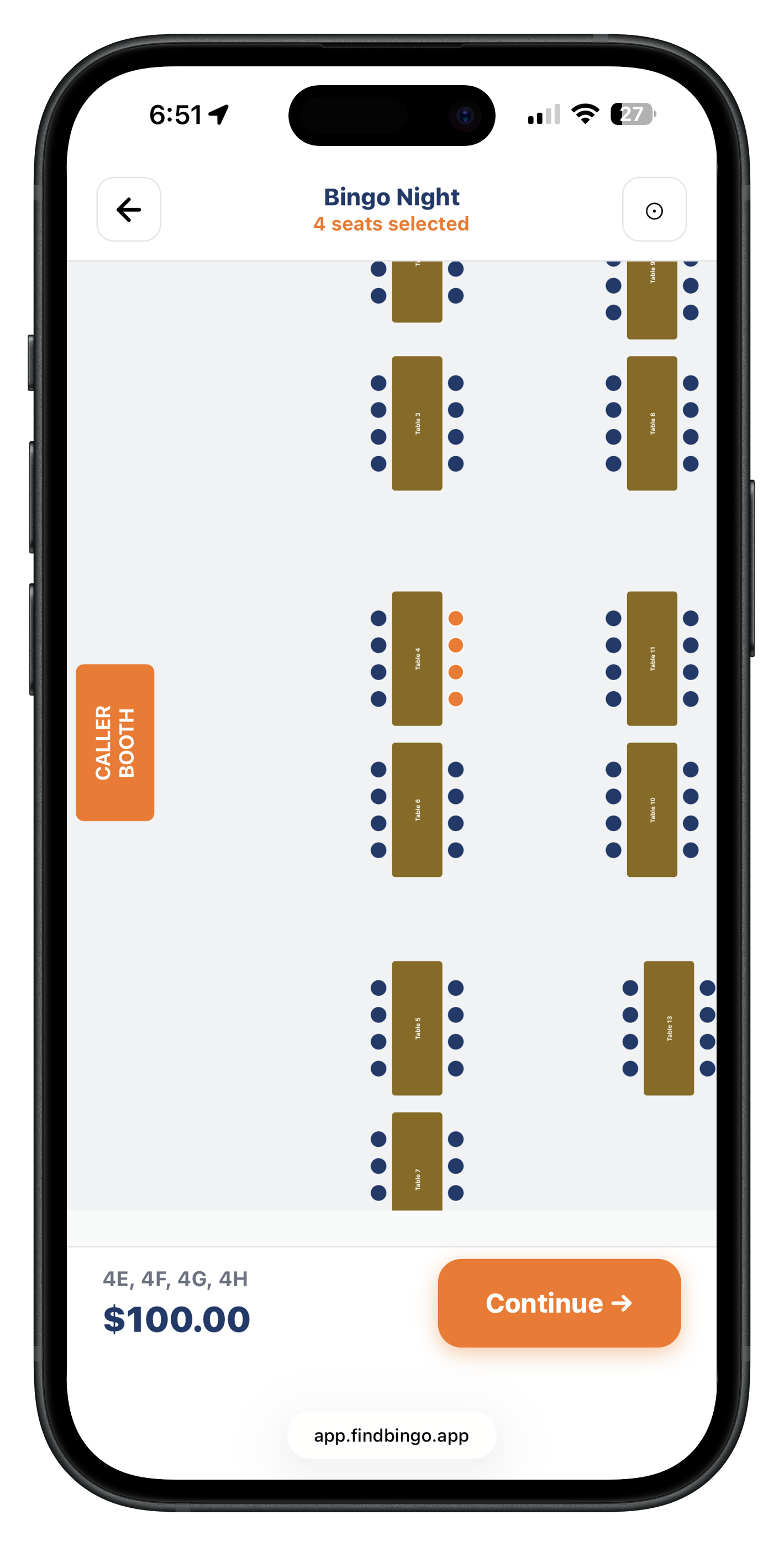 FindBingo seat selection on iPhone